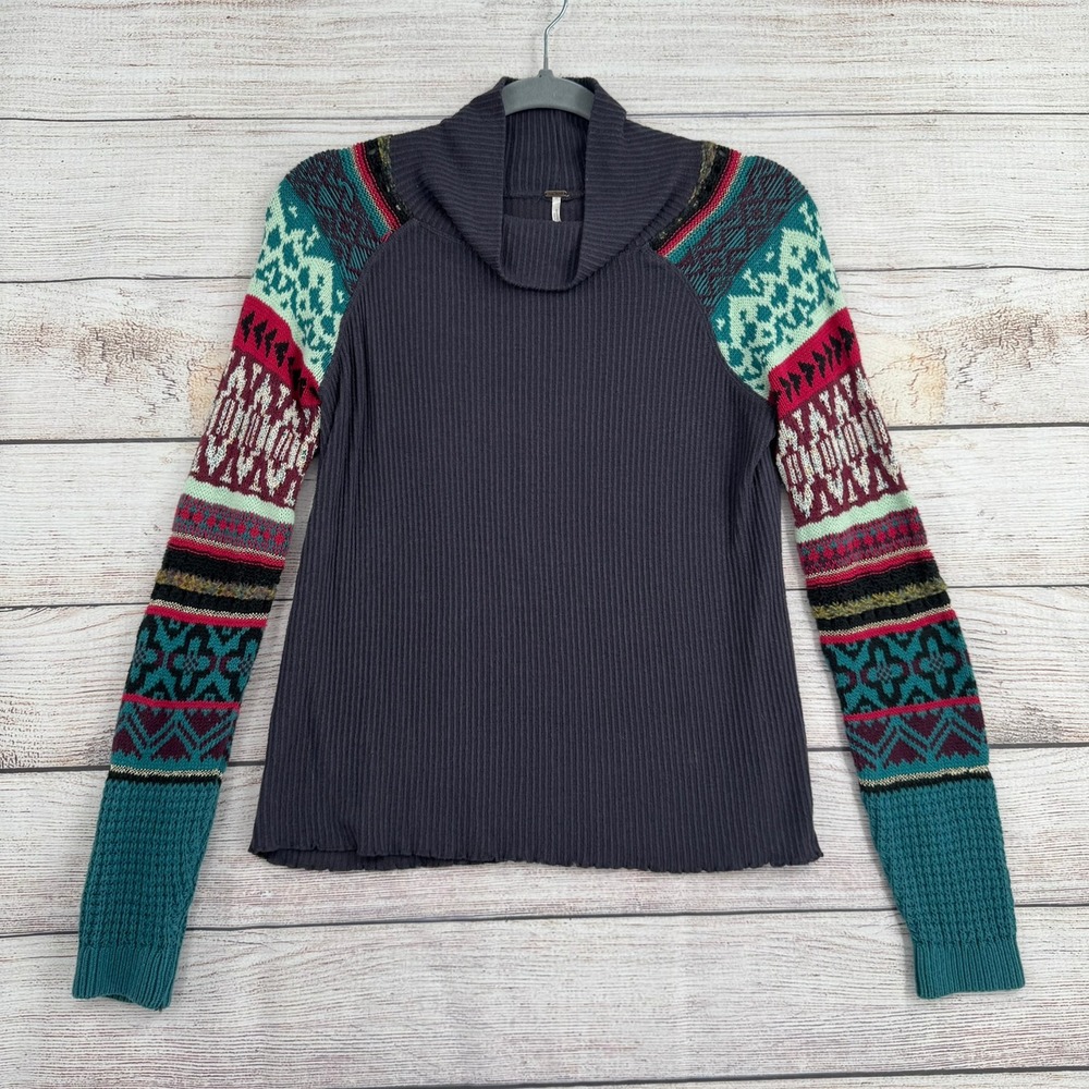 Free People Cowl Neck Top Womens Small Gray Fair Isle Mixed Media Ribbed Knit